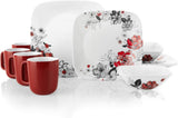 🌹 16-pc Corelle CHELSEA ROSE Square DINNERWARE SET *Red Black Grey Floral