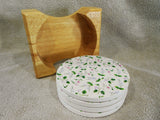 NEW 5-pc Corelle DELICATE ARRAY Coaster & Wood Caddy Set FLORALS / 1 Tile Repaired