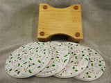 NEW 5-pc Corelle DELICATE ARRAY Coaster & Wood Caddy Set FLORALS / 1 Tile Repaired