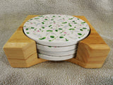 NEW 5-pc Corelle DELICATE ARRAY Coaster & Wood Caddy Set FLORALS / 1 Tile Repaired