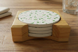 NEW 5-pc Corelle DELICATE ARRAY Coaster & Wood Caddy Set FLORALS / 1 Tile Repaired