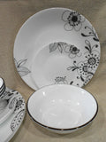 12-pc Corelle INKED POPPY DINNERWARE SET Plates Bowls BLACK FLORAL on WHITE