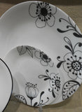 12-pc Corelle INKED POPPY DINNERWARE SET Plates Bowls BLACK FLORAL on WHITE