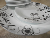 12-pc Corelle INKED POPPY DINNERWARE SET Plates Bowls BLACK FLORAL on WHITE