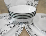 12-pc Corelle INKED POPPY DINNERWARE SET Plates Bowls BLACK FLORAL on WHITE