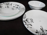 12-pc Corelle INKED POPPY DINNERWARE SET Plates Bowls BLACK FLORAL on WHITE