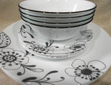 12-pc Corelle INKED POPPY DINNERWARE SET Plates Bowls BLACK FLORAL on WHITE
