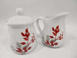 CORELLE Coordinate KYOTO LEAVES Porcelain CREAM & SUGAR BOWL SET Red Gray Leaves