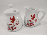 CORELLE Coordinate KYOTO LEAVES Porcelain CREAM & SUGAR BOWL SET Red Gray Leaves