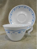 ☕︎ 2-pc CORELLE Corning MORNING BLUE HOOK CUP & SAUCER *Vitrelle Glass Floral