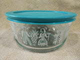 PYREX 4 Cup AMISH BUTTERPRINT Glass Storage Bowl Turquoise WHITE Rooster Wheat