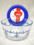 PYREX 4 Cup BLUE GARLAND Glass Storage Bowl & Plastic Cover / Holiday Snowflakes