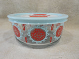 New PYREX 4 Cup CRIMSON BLOOMS Glass Storage Bowl & Cover /Sky Blue / Red Floral