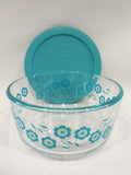 New PYREX 4 Cup TURQUOISE DAISY Glass Storage Bowl & Cover / Spring Blue Daisies