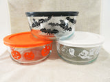 6-pc PYREX Halloween 4-Cup STORAGE BOWLS w/Covers 1-Qt Pumpkins Ghosts Bats