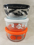 6-pc PYREX Halloween 4-Cup STORAGE BOWLS w/Covers 1-Qt Pumpkins Ghosts Bats