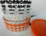 ❤️ 6-pc PYREX Halloween 4-Cup STORAGE BOWLS w/Covers 1-Qt Pumpkins, Ghosts & Bats