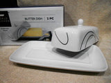 Corelle SIMPLE LINES Porcelain COVERED BUTTER DISH Sweeping Black Arcs