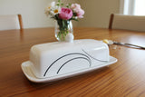 Corelle SIMPLE LINES Porcelain COVERED BUTTER DISH Sweeping Black Arcs