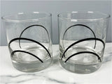 HTF 2 Corelle SIMPLE LINES 9-oz GLASSES 3.5" Rocks Glass *Sweeping BLACK ARCS