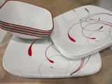 13-pc Corelle Square SPLENDOR Dinnerware Set w/ SERVING PLATTER Red Gray Scrolls