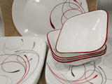 13-pc Corelle Square SPLENDOR Dinnerware Set w/ SERVING PLATTER Red Gray Scrolls