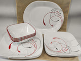 13-pc Corelle Square SPLENDOR Dinnerware Set w/ SERVING PLATTER Red Gray Scrolls