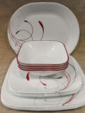 13-pc Corelle Square SPLENDOR Dinnerware Set w/ SERVING PLATTER Red Gray Scrolls