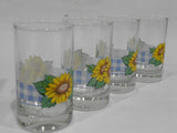 ❤️ 4 Corelle SUNSATIONS 7-oz JUICE GLASSES Sunflowers Blue Checkered Gingham