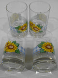 ❤️ 4 Corelle SUNSATIONS 7-oz JUICE GLASSES Sunflowers Blue Checkered Gingham