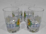 ❤️ 4 Corelle SUNSATIONS 7-oz JUICE GLASSES Sunflowers Blue Checkered Gingham