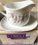 Corelle WISTERIA GRAVY BOAT & UNDERPLATE Sauce Purple Floral Porcelain Stoneware