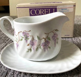 Corelle WISTERIA GRAVY BOAT & UNDERPLATE Sauce Purple Floral Porcelain Stoneware