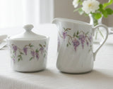 🪻CORELLE Porcelain WISTERIA Cream Sugar Set *Purple Floral & Vines White Swirls