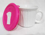 ❤️ CORNINGWARE 20-oz Soup MEAL MUG w/VENT LID Stoneware Microwave WHITE PINK