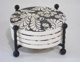 5-pc DAMASK Black White Stoneware COASTER SET w/Choice of HOLDER *Metal or Wood