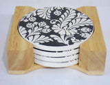 5-pc DAMASK Black White Stoneware COASTER SET w/Choice of HOLDER *Metal or Wood