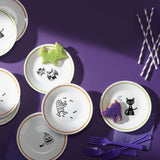 4-pc CORELLE Halloween PARTY GHOULS 6.75" PUMPKIN, CAT, BATS, MUMMY Appetizer Plates Bread Dessert Treats