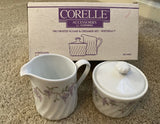 🪻CORELLE Porcelain WISTERIA Cream Sugar Set *Purple Floral & Vines White Swirls