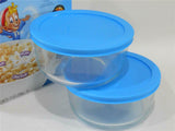 TWO - PYREX 4 Cup ROUND Storage Dishes w/ Bright TURQUOISE Sky AQUA Blue Cover