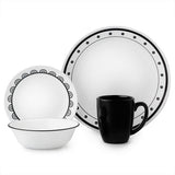 ❤️ NEW 16-pc Corelle BLACK & WHTE DINNERWARE SET Circles Dots Lace Keyhole