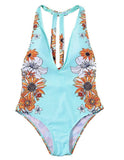 Sz 8 TURQUOISE or BLACK Floral Leaves 1-pc Deep V Neck Backless Peplum Swimsuit
