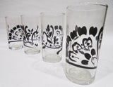 4 BLACK DAMASK 7-oz JUICE GLASSES Floral Spray Berries Leaves MATTE Finish 4.25"