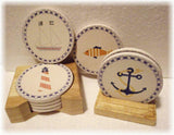 STONEWARE Drink COASTER Set & WOOD Caddy *NAUTICAL Sea ANCHOR Fish PELICAN REEF