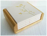 4 Corelle Square STONEWARE Drink COASTER Set +OAK WOOD CADDY Holder Beverage NEW