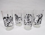 4 BLACK DAMASK 7-oz JUICE GLASSES Floral Spray Berries Leaves MATTE Finish 4.25"