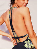 Sz 8 TURQUOISE or BLACK Floral Leaves 1-pc Deep V Neck Backless Peplum Swimsuit
