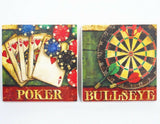 5-pc STONEWARE Drink COASTER Set & OAK Wood Caddy *POKER CARDS or BULLSEYE DARTS