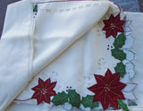 Christmas POINSETTIA & HOLLY TABLE CLOTH 60x84 Ivory Satiny Cutout
