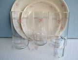 ❤️ NEW Corelle 4 ENGLISH BREAKFAST 16 oz GLASS Tumblers PINK Rosettes BLUE Ribbon